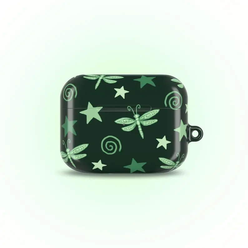 [Print] Green Dragonfly Stars Swirls AirPod Case, Y2K Grunge Cute Accessories Keychain Clip Kawaii Gift, AirPod Cases