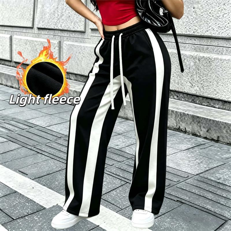 Women’s Side White Stripe Wide Leg Track Pants, Elastic High Waist Drawstring Loose Straight Sweatpants, Lightweight Breathable Casual Streetwear Trousers for Daily Walking Gym Sports Summer Everyday Matching Outfits