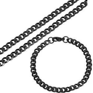 Hermah Black Curb Chain Jewelry Set 3-7mm Stainless Steel Cuban Link NECKLACE Bracelet for Men Male HIPHOP SUMMER GIFT HOT