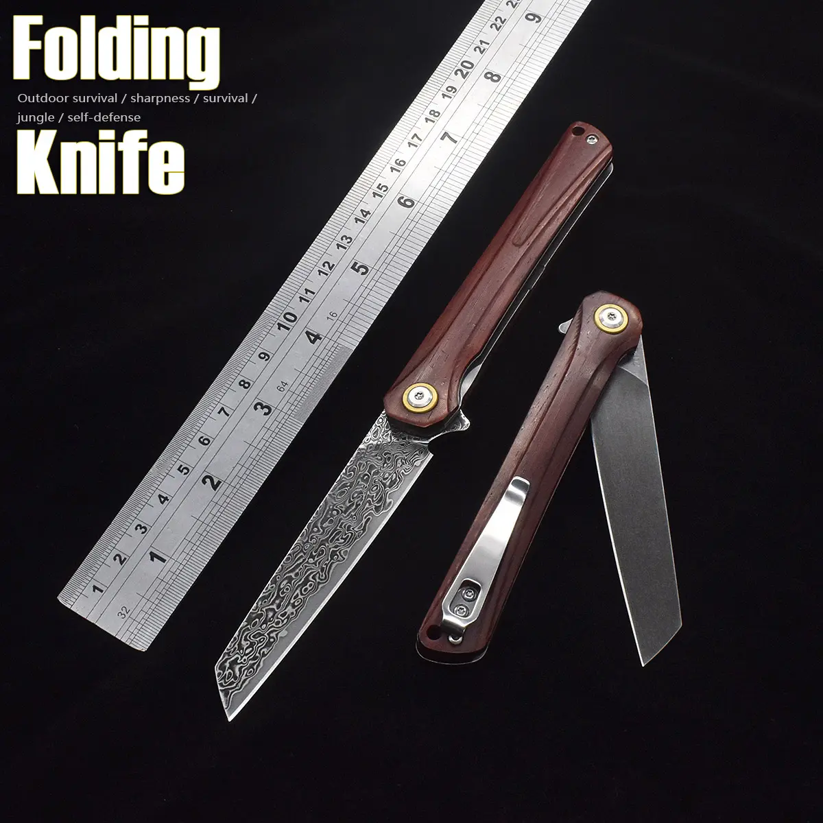 D2 Stainless Steel/Damascus Steel Pocket Folding Knife, Particle Rosewood Handle, Back-clip Knife, Multi-purpose Tool for Outdoor Camping, Hiking and Fishing, Parcel Opening and Fruit Peeling Knife