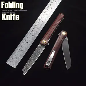D2 Stainless Steel/Damascus Steel Pocket Folding Knife, Particle Rosewood Handle, Back-clip Knife, Multi-purpose Tool for Outdoor Camping, Hiking and Fishing, Parcel Opening and Fruit Peeling Knife
