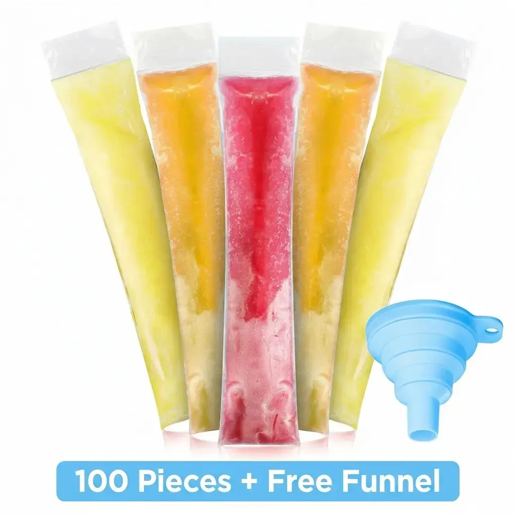 100 Pack BPA Free Disposable Popsicle Bags with Funnel Reusable Zipper Ice Pop Tubes Portable DIY Freezer Pouches for Juice Yogurt Fruit Smoothies Kids Summer Backyard Party Homemade Frozen Snacks