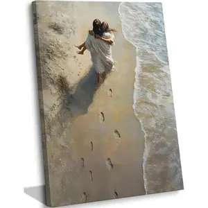 Footprints in the Sand Canvas Wall Art - "I Carried You" Jesus Hugging Woman Poster - Christian Easter Gift - Inspirational Religious Decor