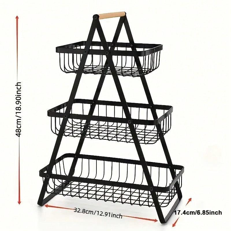 TAIMASI [1pc Metal Storage Basket] 1pc Elegant Black Metal Wire Multi-Tier Detachable Bathroom & Kitchen Storage Basket | Wooden Handle, Food-Safe Countertop Basket For Fruits, Bread, Home Organization, Bathroom Basket Organizer, Durable Construction