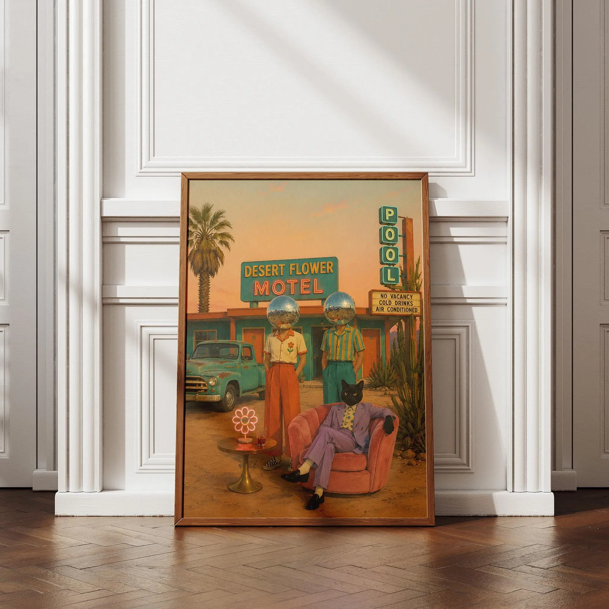 [Sale Up To 50%][No frame, Free Ship] Disco Ball Head Poster, Surreal Retro Motel Desert Art Print, Funky 70s Wall Decor, Western Cat