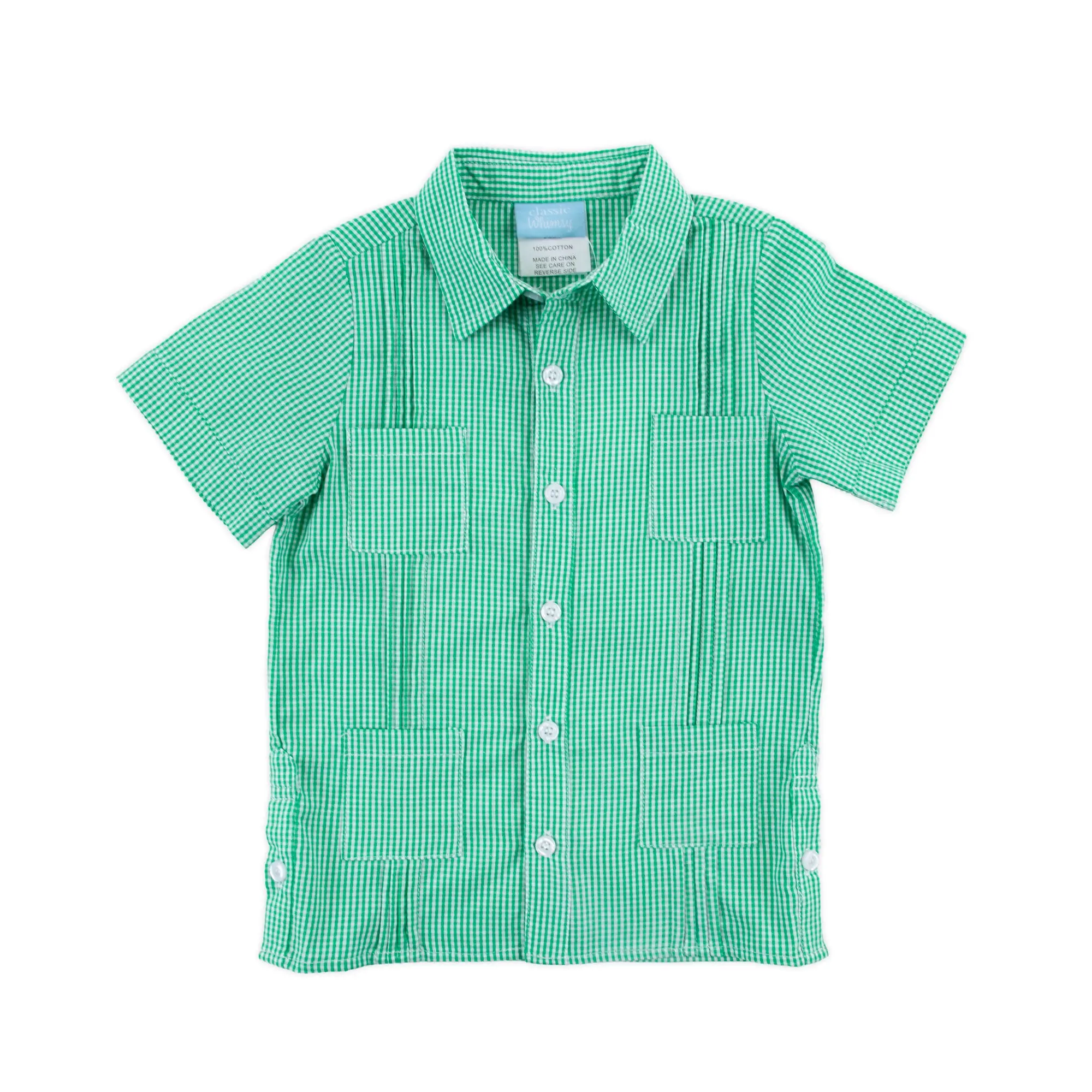 Green Gingham Guayabera Shirt - Pleated Summer Shirt for Boys