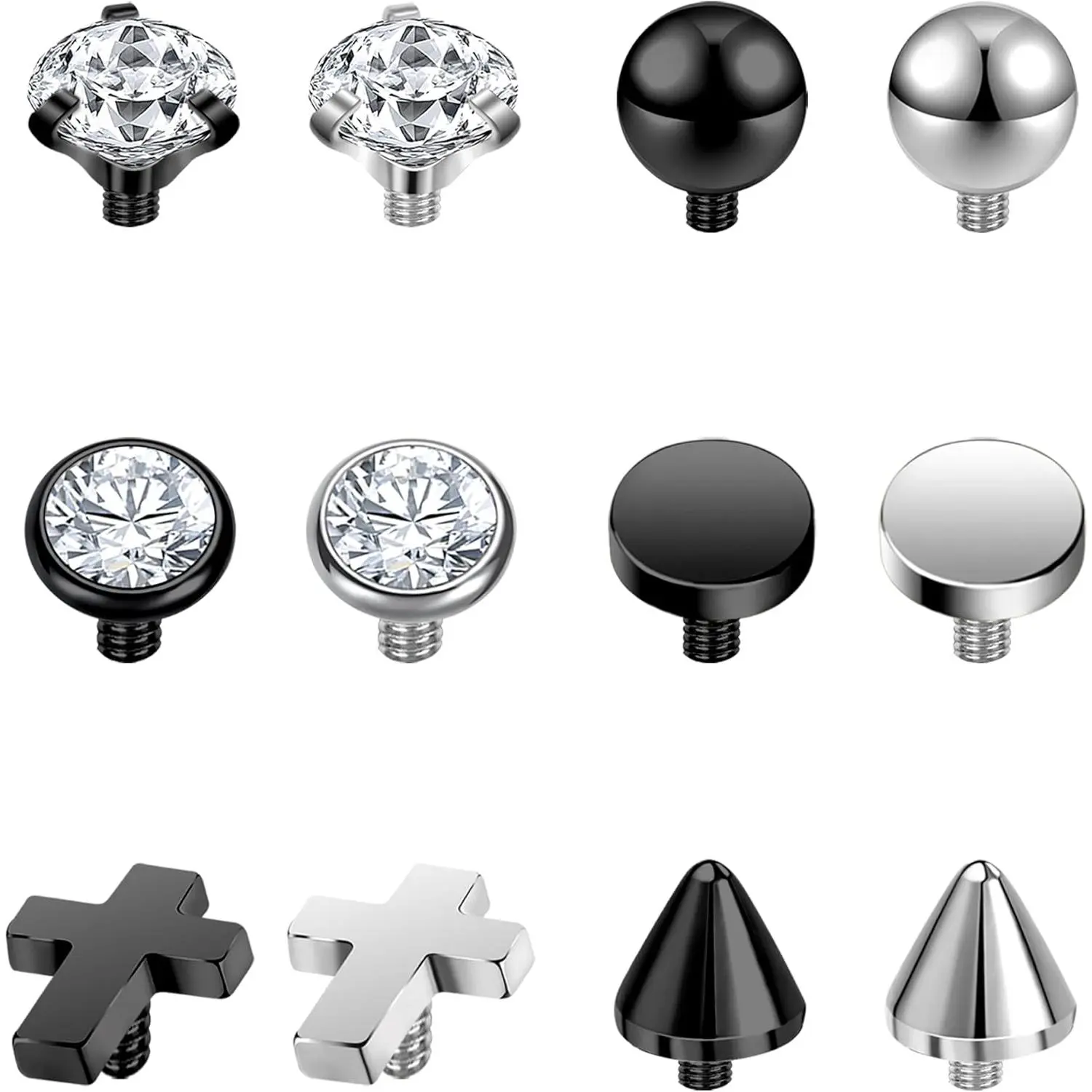 12Pcs-CZ Tops Style-Silver/black-3mm