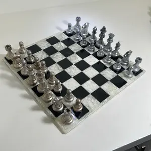 Resin Gold & Silver Chess Set with silver, White marble design board, Includes Chess Pieces and Chessboard