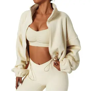 QINSEN Women's Full Zip Fleece Short Jacket Warm Winter Long Sleeve Stand Collar Sherpa Crop Coat Super Soft Polar Fleece Baggy Relaxed Fit for Cold Weather Activities