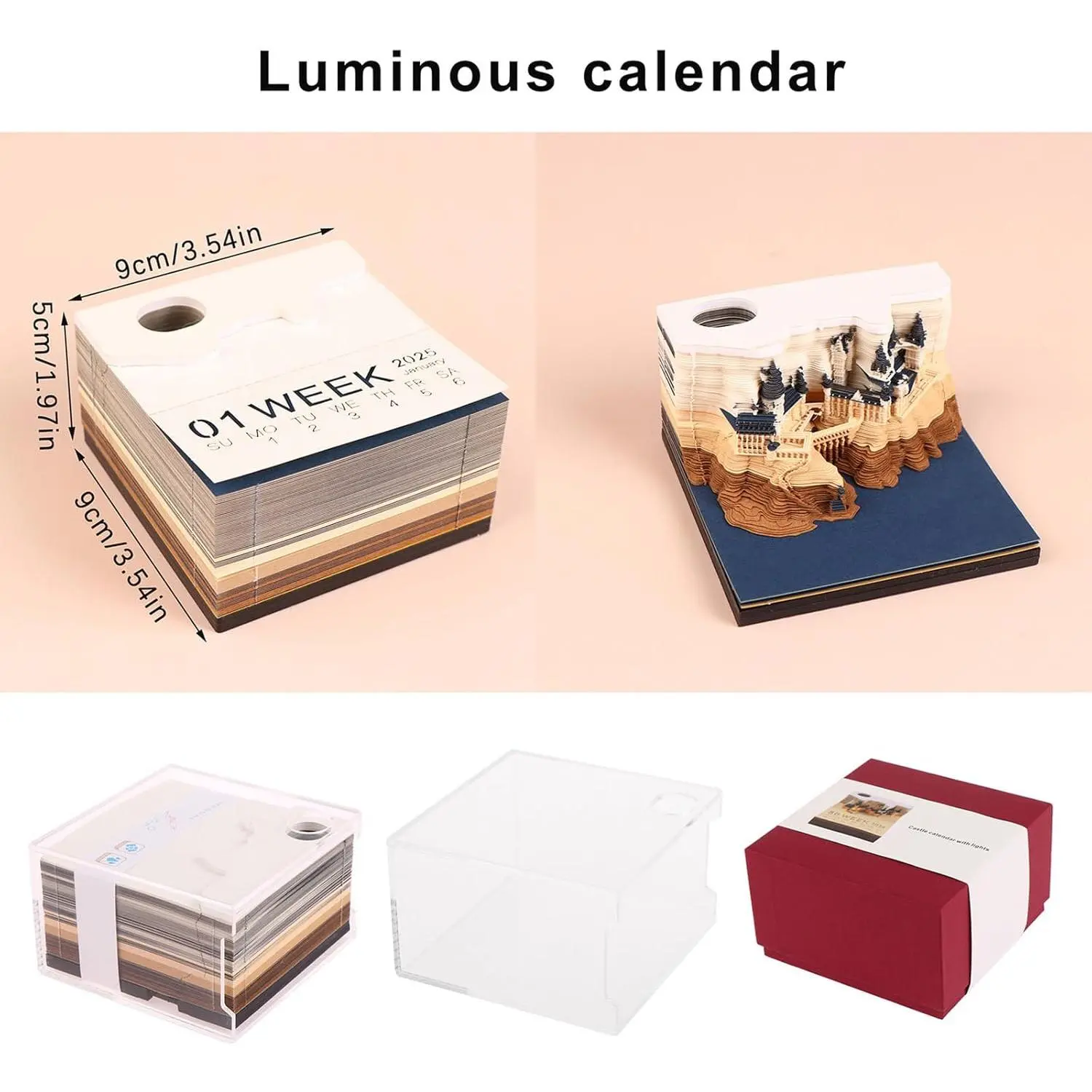Time Piece Calendar 2025 Desk Calendar With LED Light 3D Calendar Paper Carving Art Memo Pad Notepad Gift for Christmas Housewarming Desktop Decoration (With Weekly Calendar & Light)