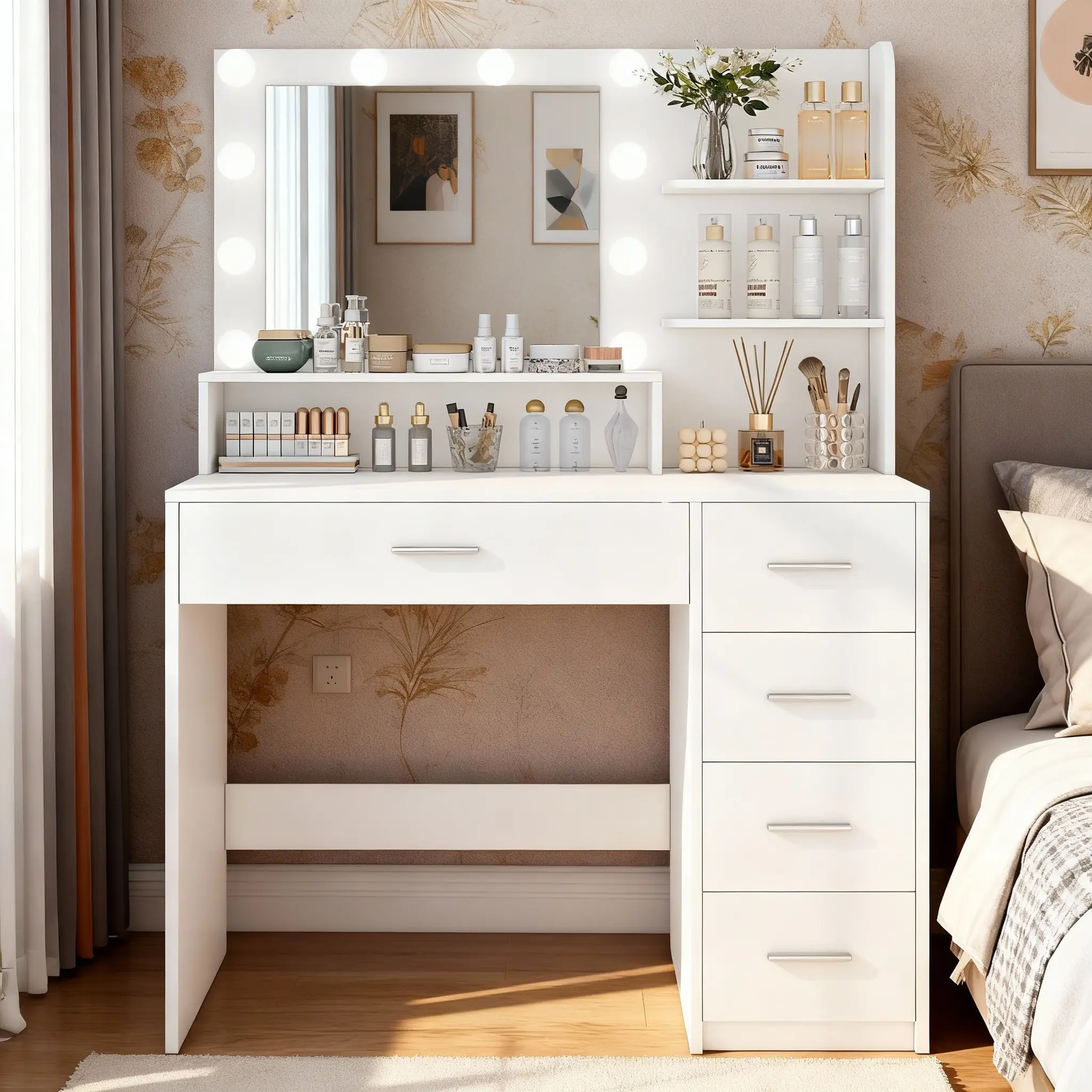 White LED Modern Vanity Desk, Makeup Vanity with Adjustable Lighting, Mirror, 5 Drawers, Storage Shelves, Durable Particle Board Design, Easy Setup, Modern Dresser for Makeup, Led Vanity Desk campingessentials