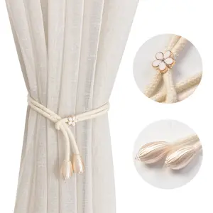 4pcs Elegant Curtain Tiebacks with Tassel and Flower bead- No Drilling Weave Rope Holders for Decorative Draperies, Windows, and Curtains, Stylish Pearl Buckle Design for Modern Home Décor, Holdbacks, and Straps