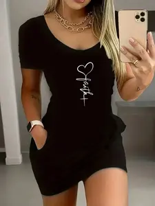 Summer Women's Heart Pattern Sexy Dress, Short Sleeve Design, Perfect for Daily Wear, Casual Essential, Stylish and Comfortable