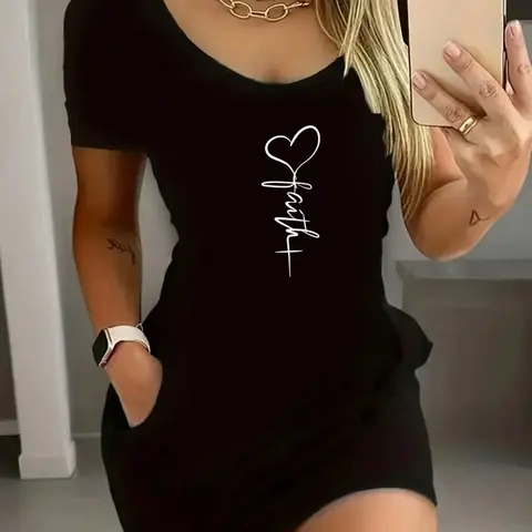 Summer Women's Heart Pattern Sexy Dress, Short Sleeve Design, Perfect for Daily Wear, Casual Essential, Stylish and Comfortable, Casual Summer Dresses
