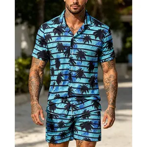 Men's Summer Two-Piece Casual Set | Blue Striped Palm Tree Shirt & Drawstring Shorts, Quick Dry Hawaiian Outfit for Beach & Vacation