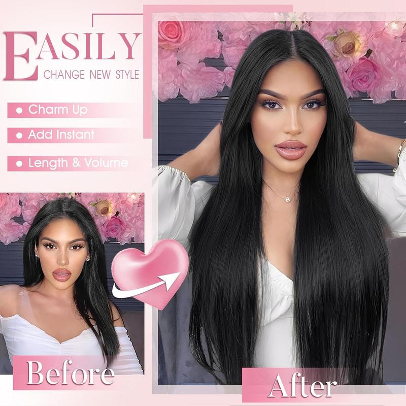 Black Clip in Hair Extensions 6PCS Straight Invisible 24inch Long Synthetic Thick Clips on Hairpieces for Women Girls Natural Full Head Party Daily Use 6OZ