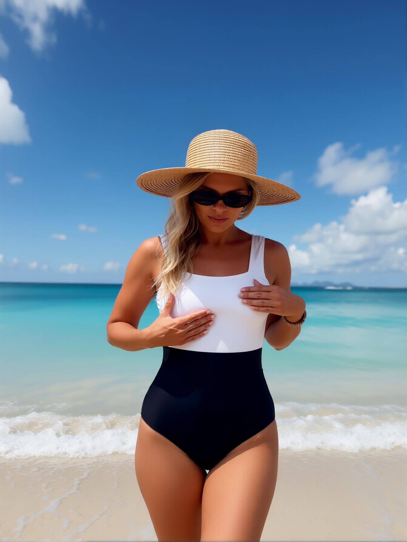 Flattering Tropical Style One-Piece Swimwear Black White Color Block Square Neck Surfing Beachwear