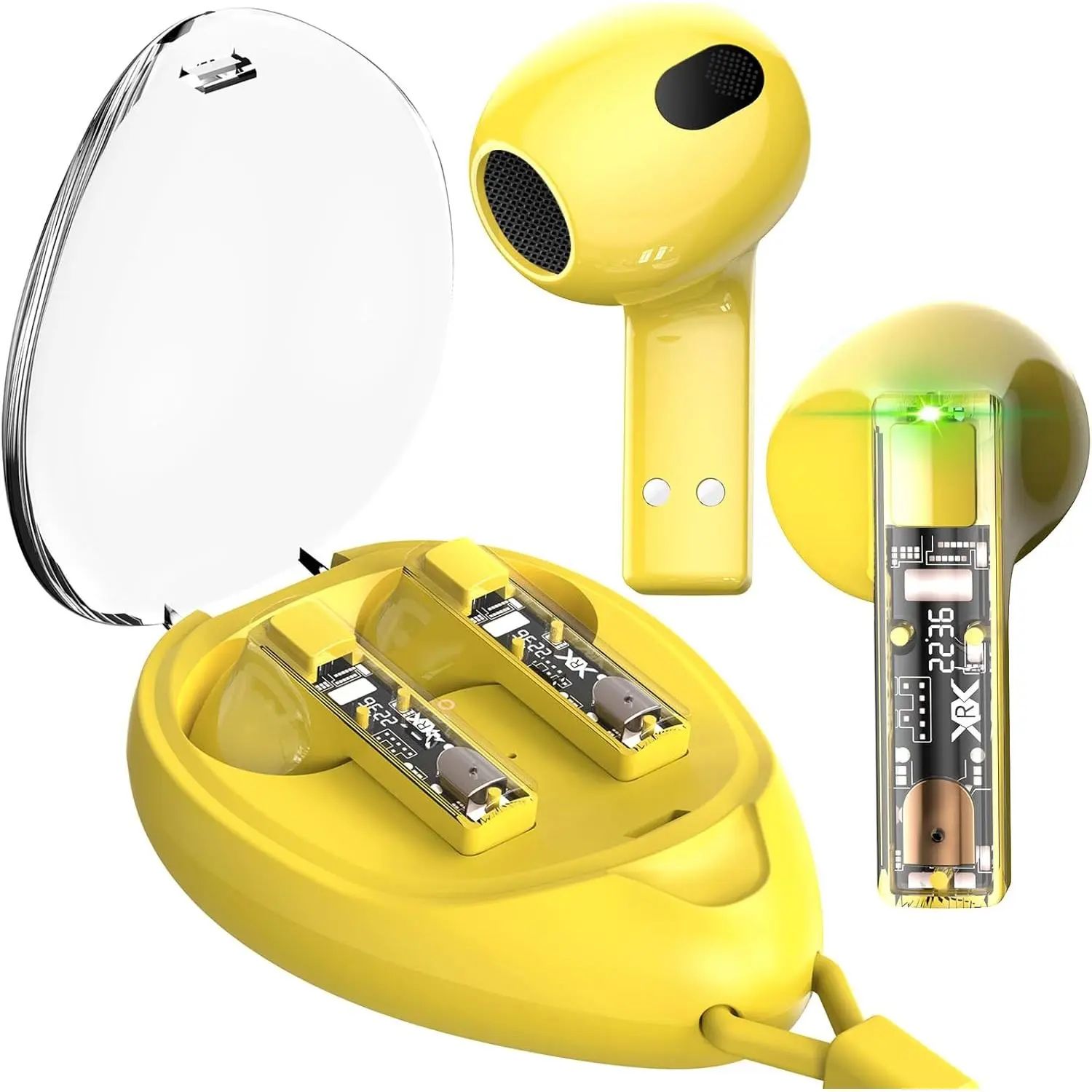 True  with Transparent Case and Neck Lanyard,  5.4 Headphones with Touch Control, Water Resistant, 2 Mics for Clear Calls and Super Shine Yellow