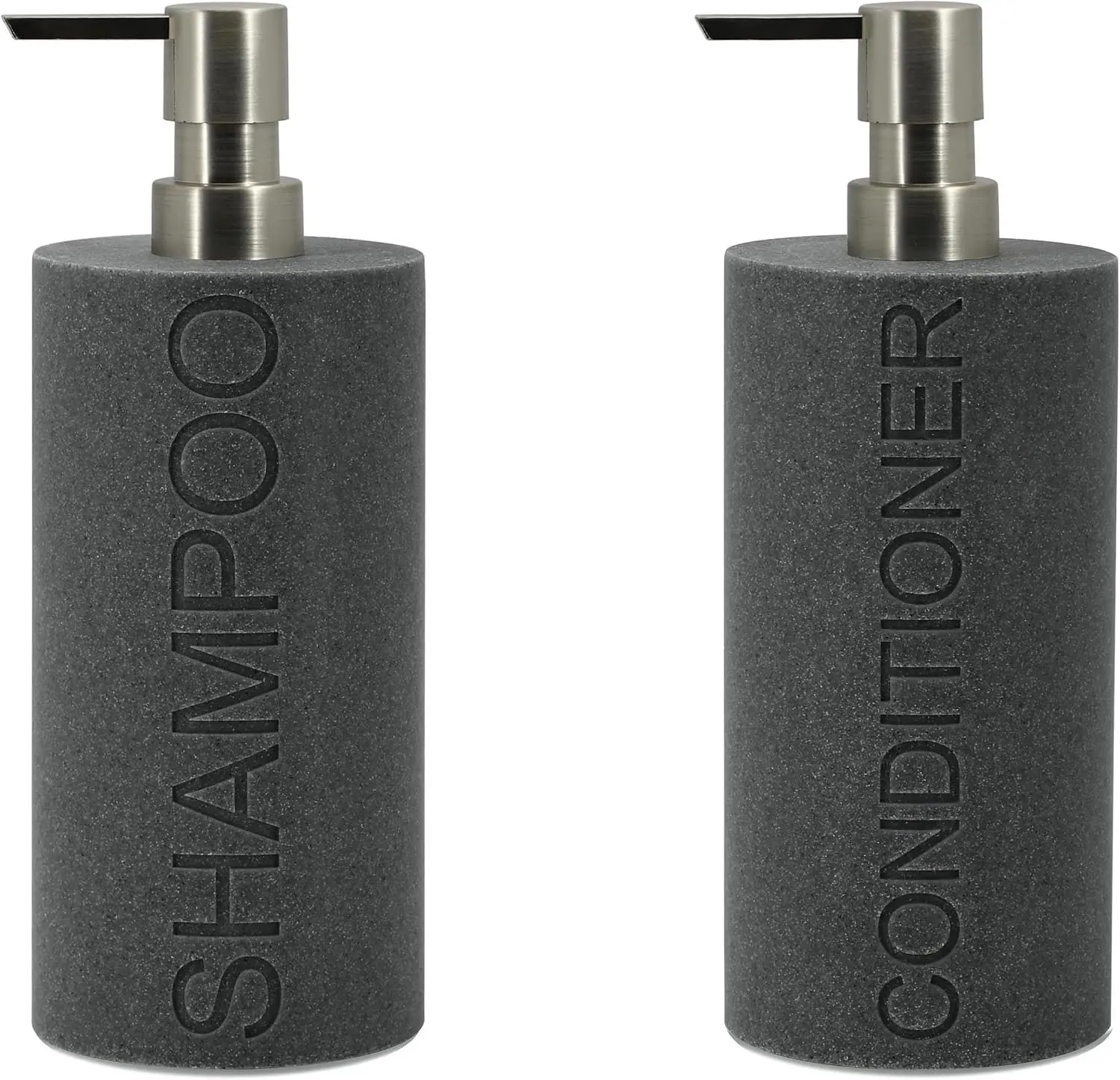 Resin 2 Pack Shampoo, Conditioner or Body Wash Dispenser Set, Luxurious Refillable Pump Bottles with Matte Pump Top and Embossed Text, Durable Design for Bathroom and Shower