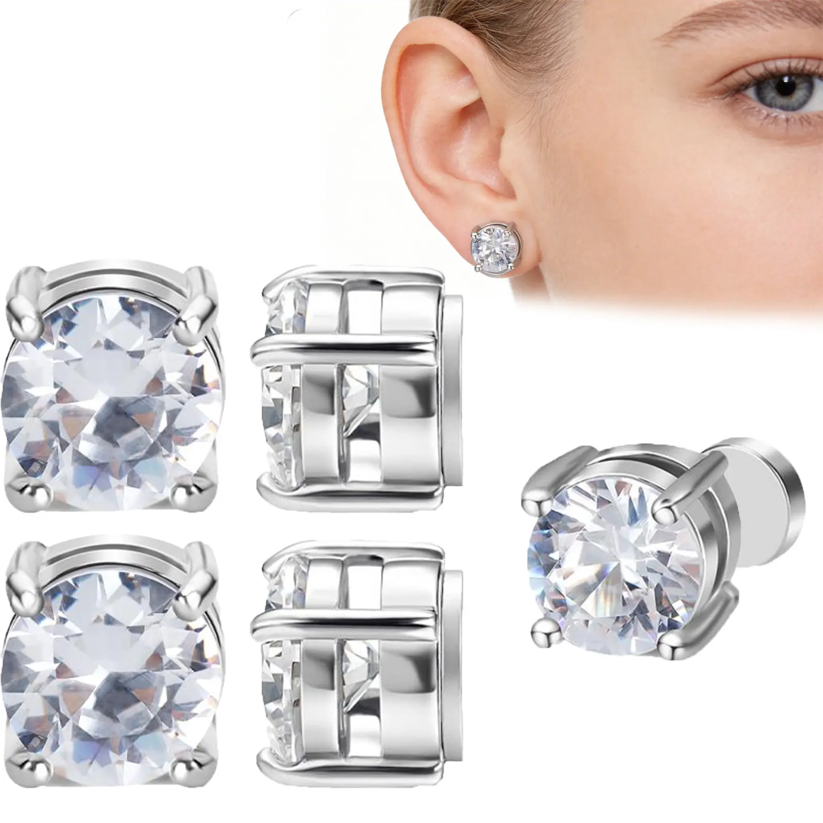 1/2/4 Pairs Stainless Steel Magnetic Stud Earrings for Men Women Non-Piercing CZ Hypoallergenic 5-8MM,Daily Decor,Gift for Girlfriend