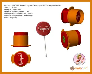 1.75" Disk Shape Congrats! Cake pop Mold / Cutter / Pusher Set