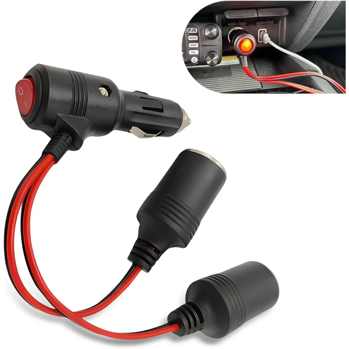 Pack-1 Car Y-shaped Cigarette Lighter Socket Splitter, 2 Way Female Power Port Adapter, 1 to 2 Cigarette Lighter Extension Cable with Switch Indicator Light, Universal for Cars (Black & Red)
