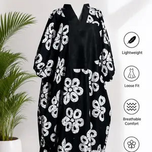 Lady's Elegant Black Floral Bubu Kaftan, Women's Loose-Fit African Long-Sleeve Casual Dress, Women's Clothes, Casual Clothes