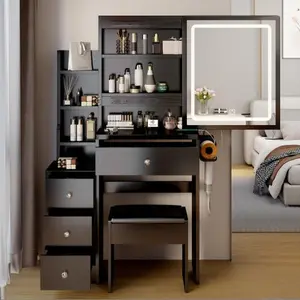 Luxe Divine Collection ~ Black Small Space Left Bedside Cabinet Vanity Table Cushioned Stool, Power Station, Hair Dryer Bracket