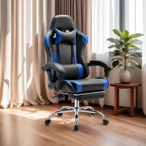 Gaming Chair with Speakers Massage Computer Chair LED Lights Footrest High Back Video Game Chair for Adults Blue Black Ergonomic Design Height Adjustable PU Leather Swivel