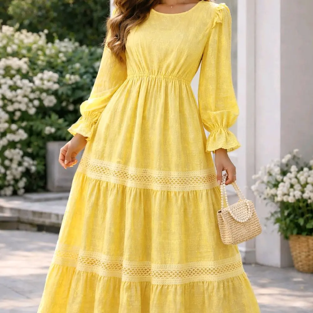 Yellow Lace Trim Dress with Ruffle Sleeves and Tiered Skirt for Women - TikTok Shop Yellow Lace Trim Dress with Ruffle Sleeves and Tiered Skirt for Women - TikTok Shop