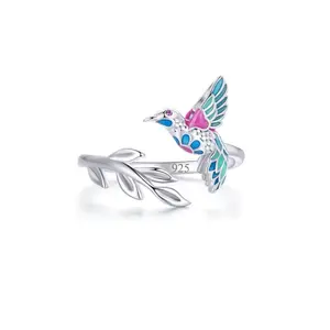 Colorful Enamel Cute Bird Shaped 925 Sterling Silver Open Size Finger Ring