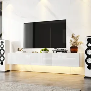 FUFU&GAGA Floating LED TV Stand for TVs up to 70", Wall Mounted Wood Media Console with Glossy Surface & 44 Color LED Lights