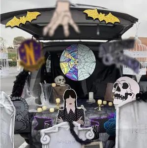 Halloween Trunk or Treat Car Decorations Kit for SUV ,Wednesday Theme Trunk Decor with Banner, Backdrop, Props – Indoor, Garage, Yard Halloween Party Setup for Kids