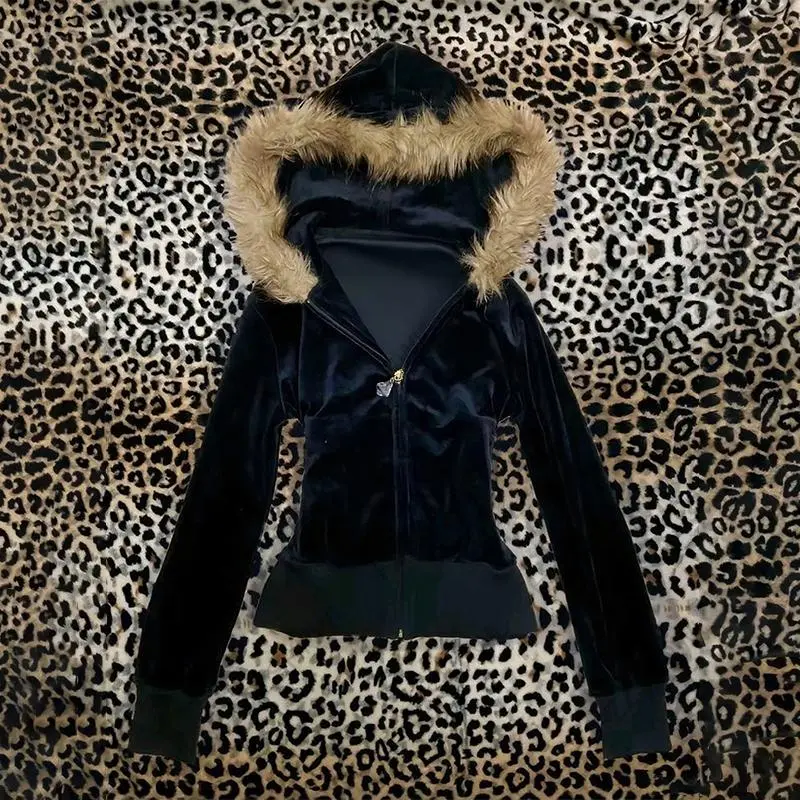 Hip Hop Streetwear Dark Faux Fur Collar Y2K Zip up hoodie Harajuku Graphic Print Punk Clothes Rock Goth Zipper Hoodie sweatshirt