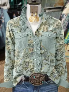 OHMona Vintage Inspired Floral Paisley Blouse Ruffle Placket Chest Pocket Casual Western Top