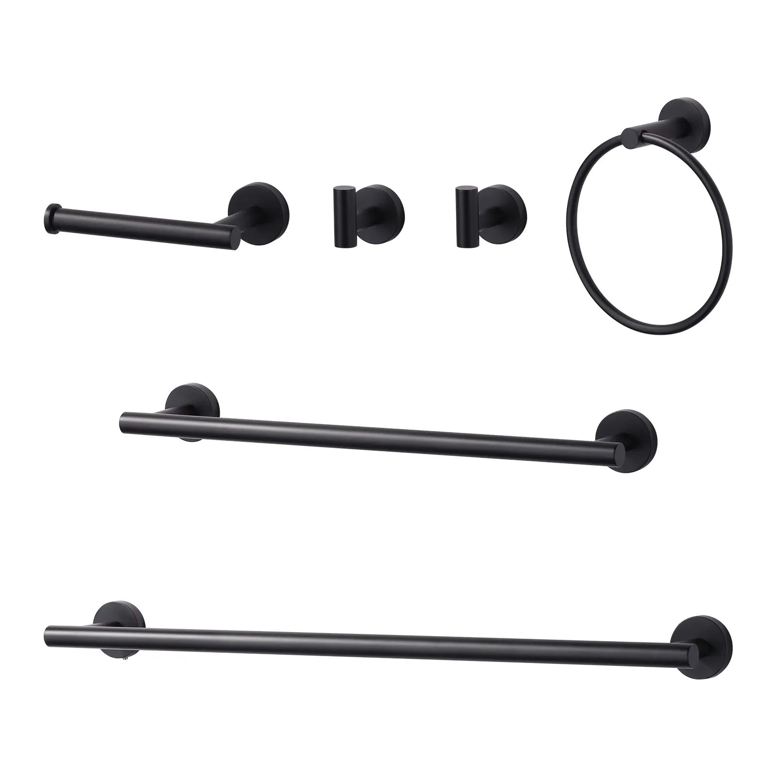 WOWOW 6-Piece Matte Black Modern Stainless Steel Bathroom Fixture Set, Bathroom Sets with Decor - Organizational Pieces: 2 Hooks, 1 Ring, 1 Toilet Paper Holder, 2 Bars