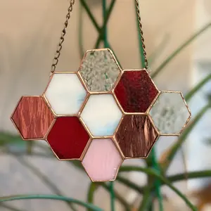 Honey Comb Suncatcher, Stained Glass, measures: 7x5 inches, cooper finished.