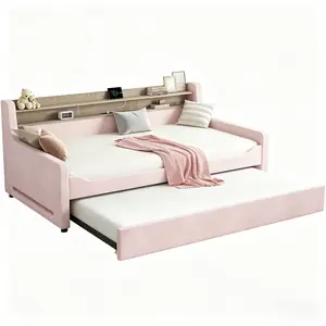 #Summervibes ALBOTT Twin Daybed with Trundle and LED Night Light, Upholstered Velvet Bed Frame with Storage Headboard, USB Charging, Space-Saving for Bedroom, Living Room, Guest Room, No Box Spring