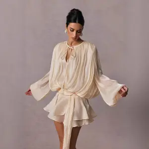 Women's Solid Color Shirt Mini Dress V-Neck Long Sleeve Patchwork Tie-Up Sweet Style Dress Women's Fashion,sequin fabric pleated lantern sleeves multi-layered ruffled hem mini dress Tiered Ruffle Out Hollow