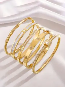 5pcs exquisite stainless steel bracelet set, rhinestone decoration, 18K gold plating, fashionable style, suitable for couples, families, daily wear