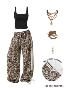 Women's Casual Two-Piece Set, Workout Casual Wear, U-Neck Slim Fit Tank Top + High Waist Leopard Print Straight Leg Pants, All Seasons Sportswear