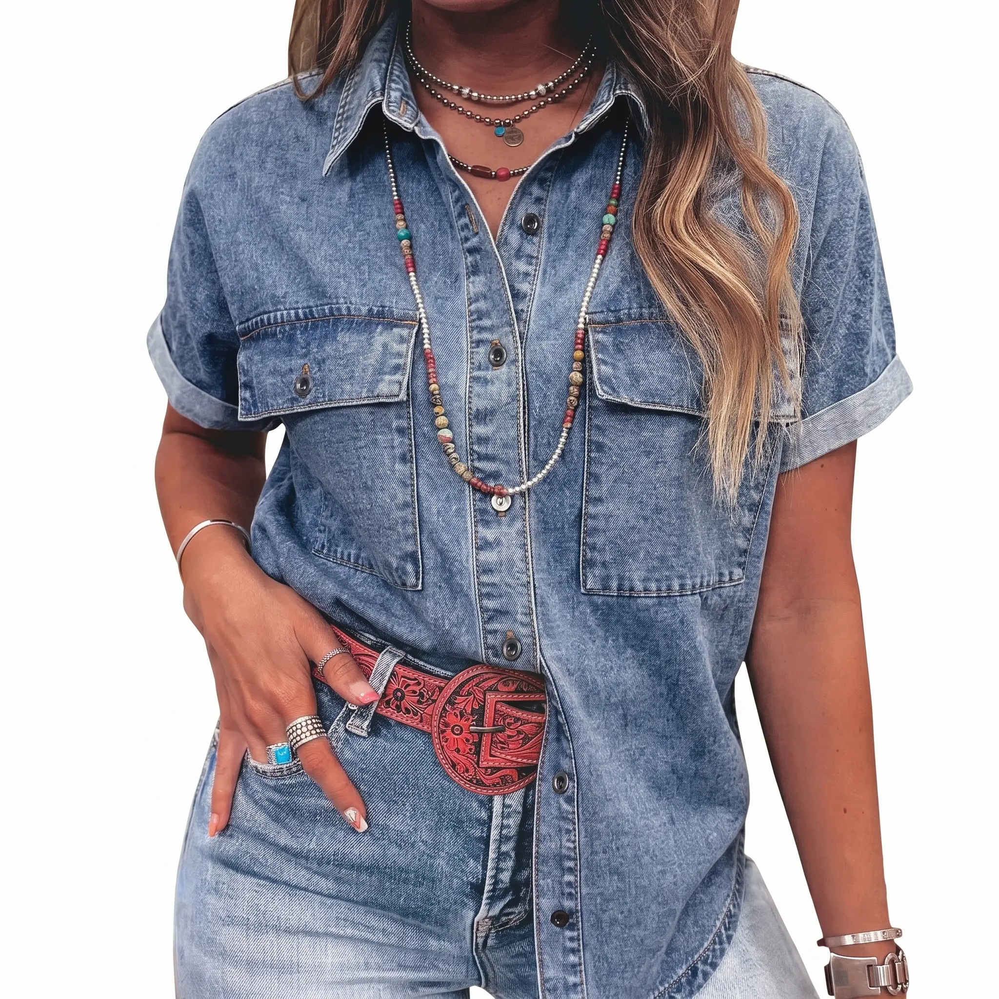 Women's Short Sleeve Denim Shirt - Casual Button Down Jean Top with Flap Pockets, Vintage Acid Wash Western Style