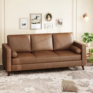 81″ Faux Leather Deep Seat Couch Sofa – Mid Century Modern , Upholstered Cushion w/ Removable Cover, Brown PU Couch, 3‑Seat Sofa for Living Room, Office