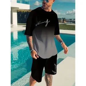 Stylish Ombre Men's Suit, Casual Round Neck Short Sleeve T-Shirt and Shorts Set, Summer Men's Gradient Clothing for Vacation and Exercise - Men's Clothing Middle East