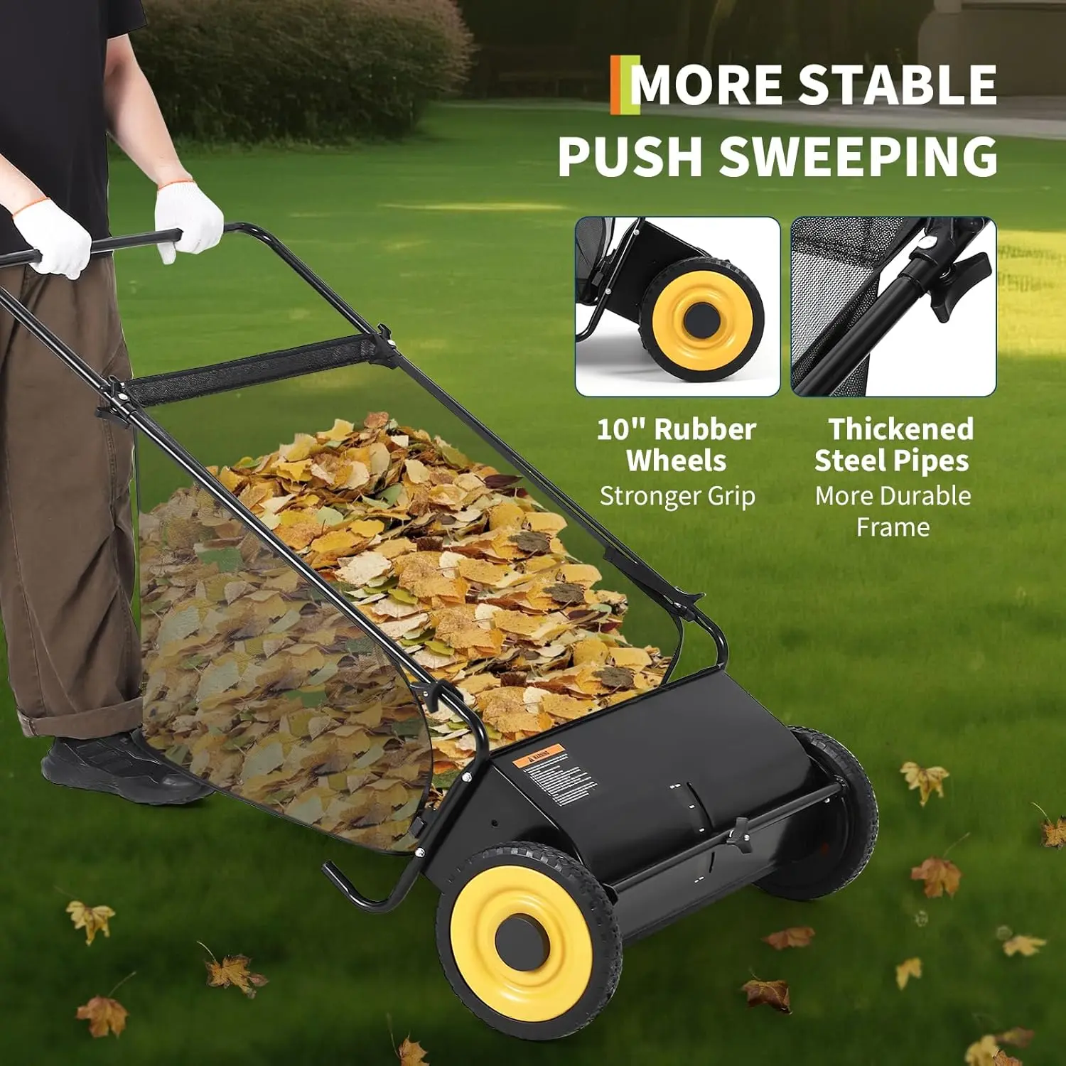 Gaomon Heavy Duty Push Lawn Sweeper - 26-in Sweeping Width, 7 Cu. ft. Hopper Bag, 4 Fast-Spinning Adjustable Brushes, Easy-Height Adjustment, Quick Setup, Compact Storage for Driveways, Garden Lawns Leaf Removal
