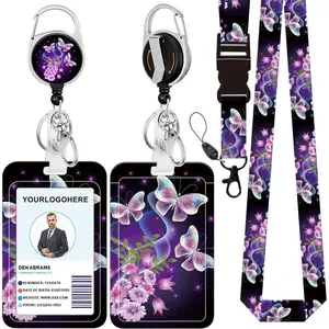 Badge Lanyard and ID Badge Holder, Retractable Badge Reels with Carabiner Reel Belt Clip, Strap Lanyard with Lobster Clasp for Badge Holders, Nurse Teacher Office Gifts(BLC-Purple Butterfly)