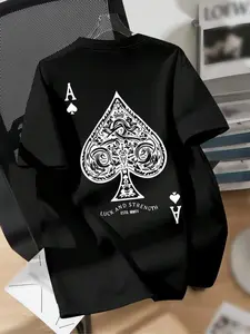 Men's Ace Of Spades Print Short Sleeve Tee, Casual Style Tee, Regular Fit Casual Comfy Round Neck T-shirt for Summer, All-match Summer Clothes for Daily Wear