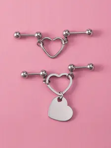 1pc Heart Pendant Double Pierced Stud Earrings for Women Ear Piercing Stainless Steel Cartilage Tragus Lobe Daith Conch Helix Body Jewelry Ear Studs