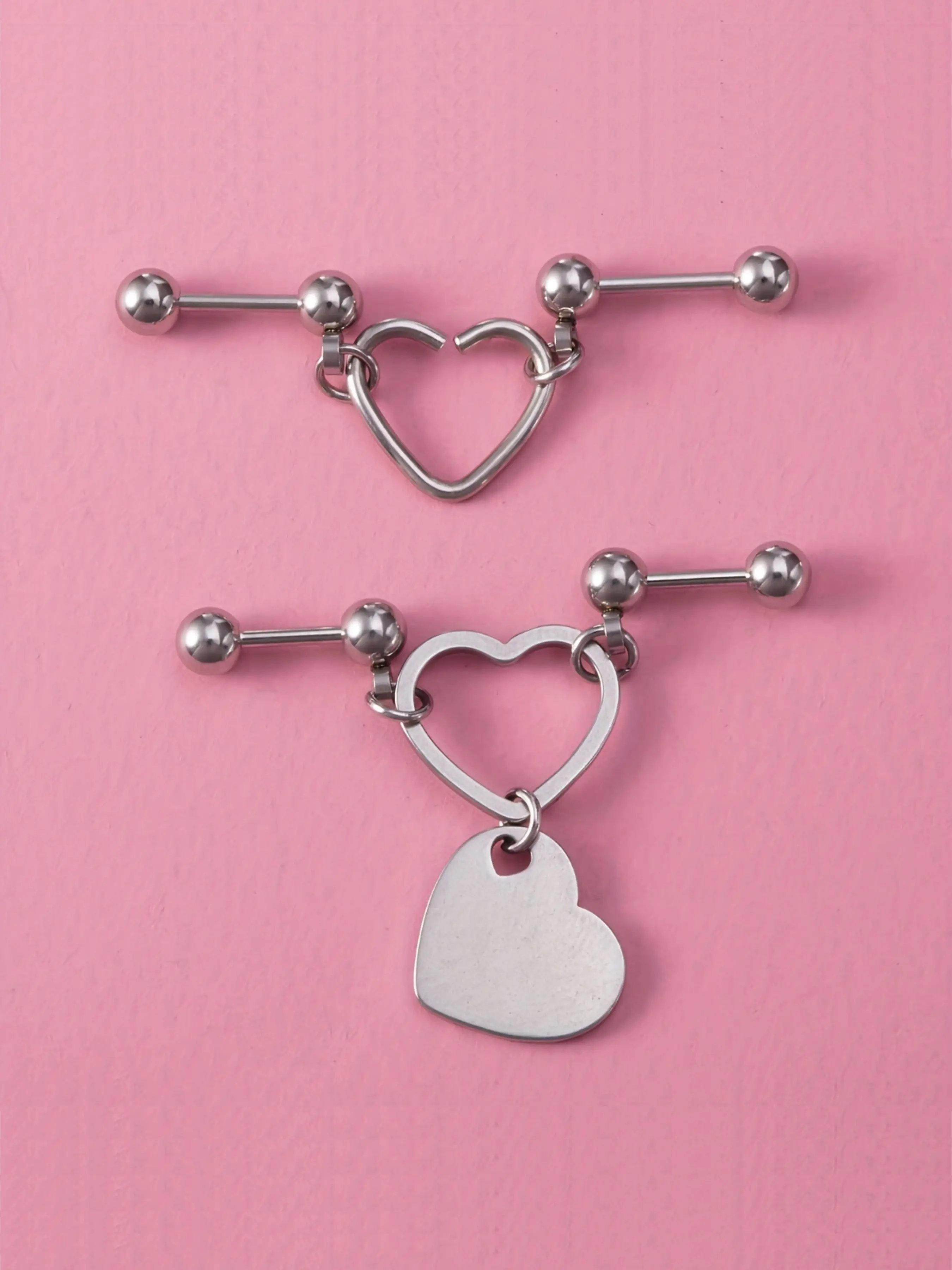 1pc Heart Pendant Double Pierced Stud Earrings for Women Ear Piercing Stainless Steel Cartilage Tragus Lobe Daith Conch Helix Body Jewelry Ear Studs