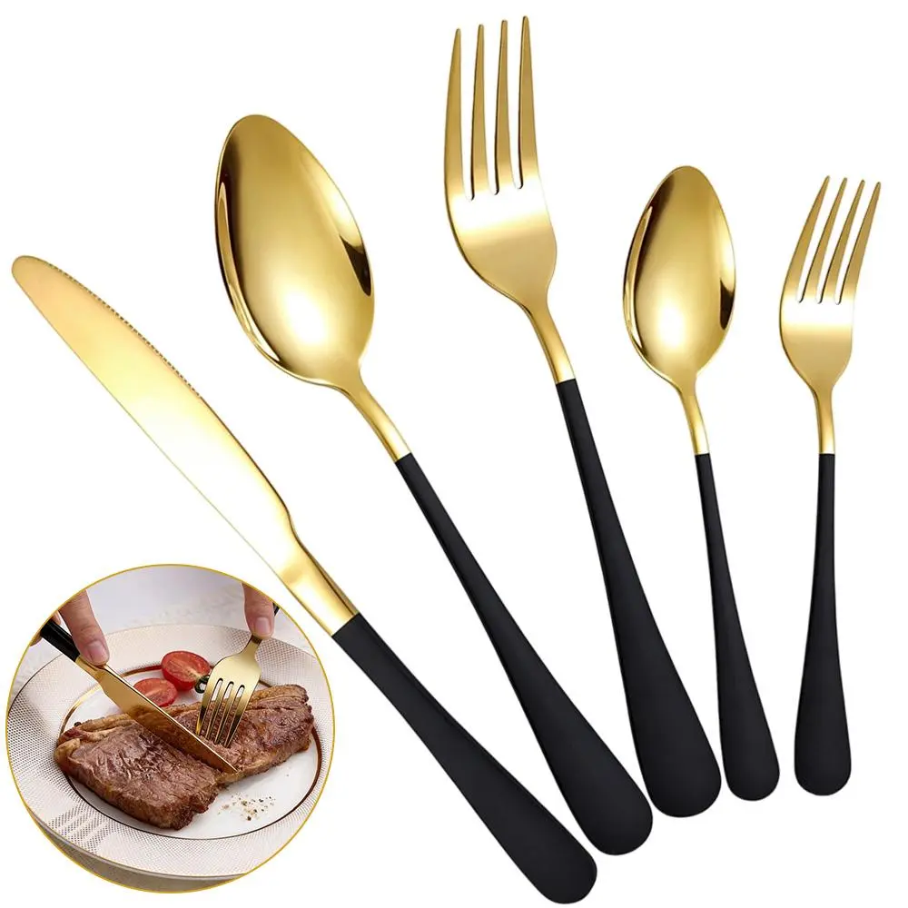 20PCS Stainless Steel Flatware Set - Matte Black & Golden Handle Tableware, Including Forks, Spoons, Knives, Ideal for Camping & Travel Kitchen Cutlery